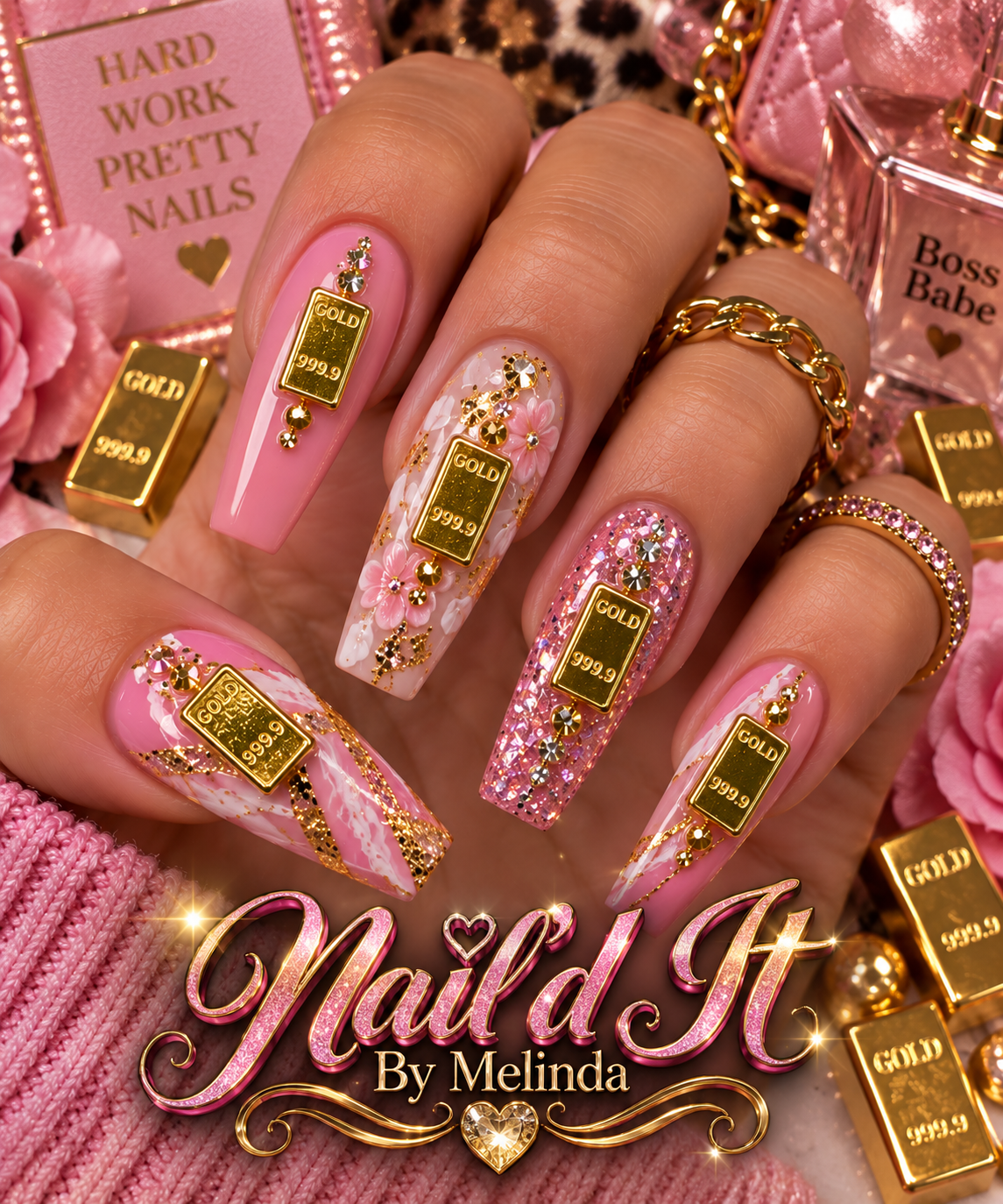 Gold Bar 999.9 Nail Charms lifestyle shot – boss babe pink and gold nail art with Nail'd It By Melinda branding