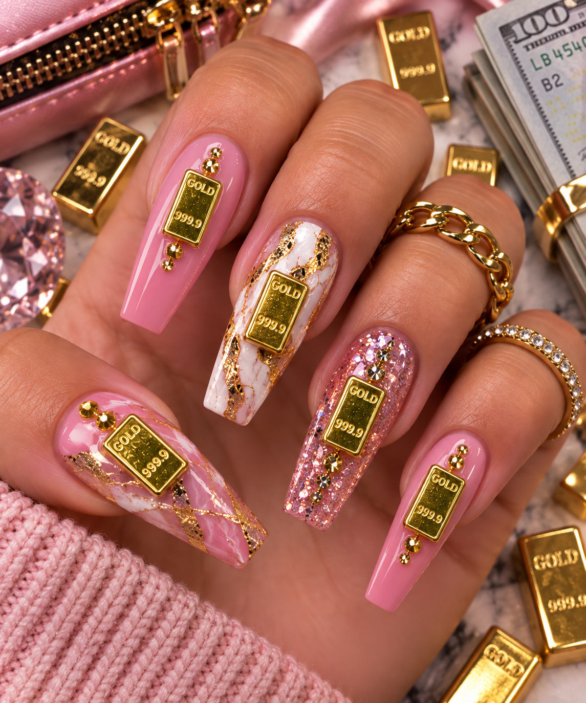 Gold Bar 999.9 Nail Charms styled on pink marble coffin nails with gold foil accents
