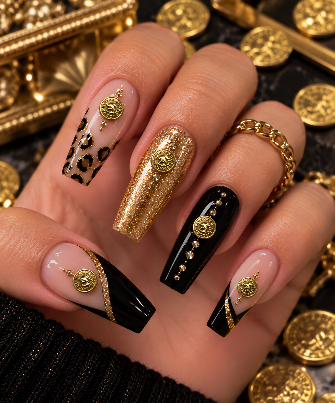Goddess Coin Nail Charms close-up on black and nude coffin nails with gold chain accents
