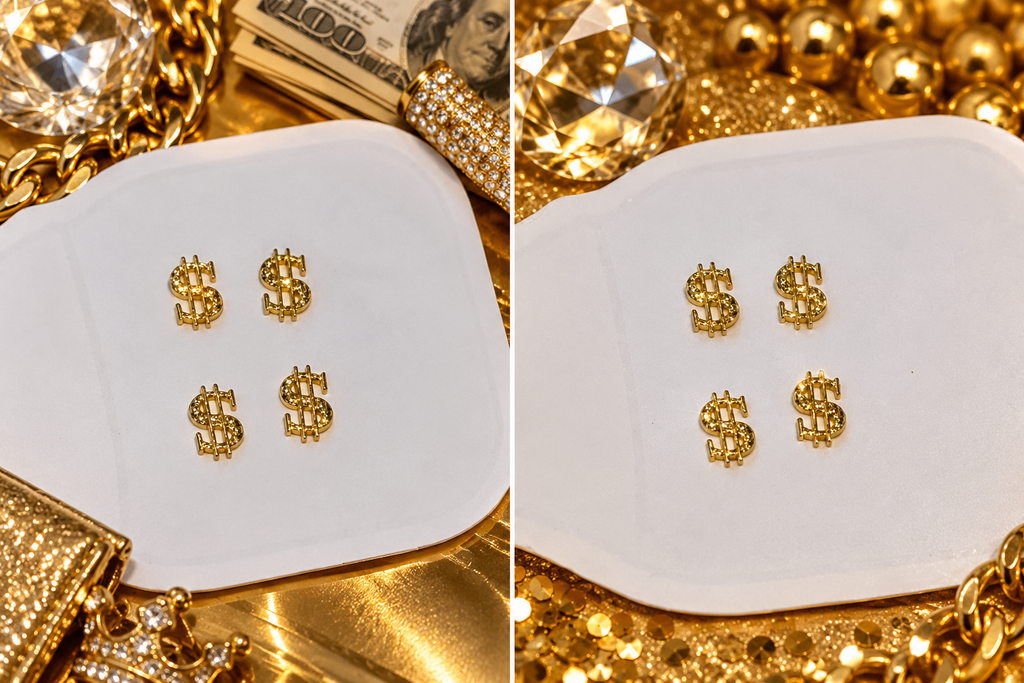 Good Nails Good Money gold dollar sign nail charms – luxury gold flat lay