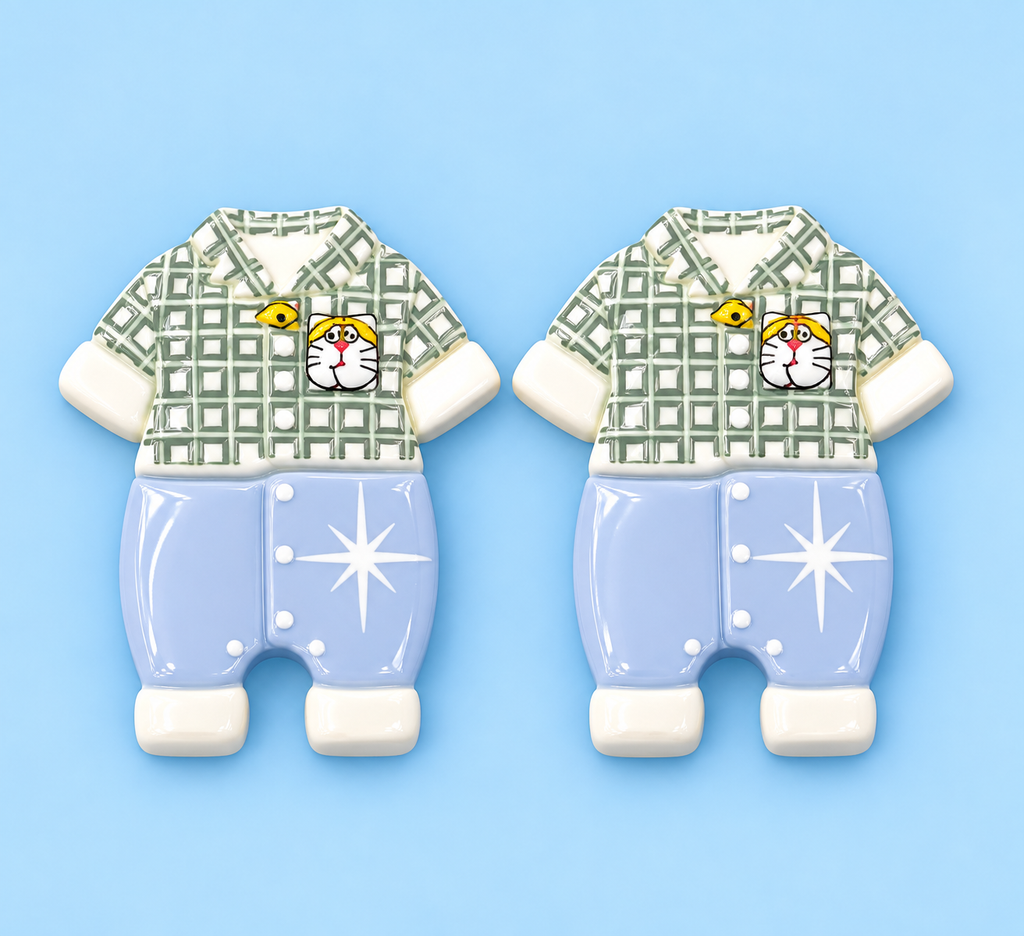 Cool Cat baby boy plaid shirt & blue star pants earring charms close-up