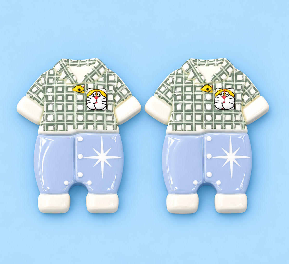 Cool Cat baby boy plaid shirt & blue star pants earring charms close-up