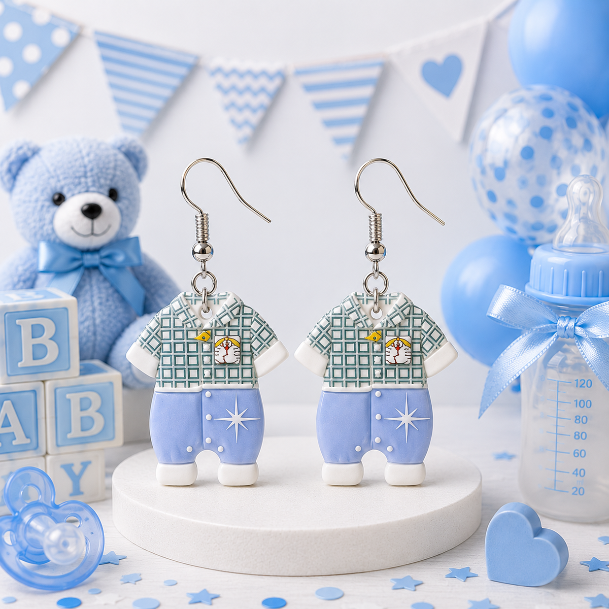 Cool Cat baby boy plaid outfit earrings – baby shower styled mockup