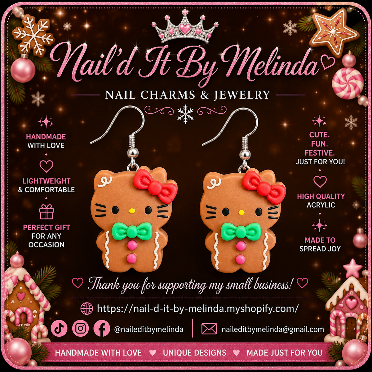 Gingerbread Kitty Christmas Earrings – Cute Festive Holiday Jewelry