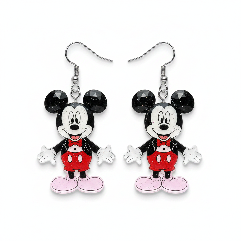 Mickey Mouse Black Glitter Dangle Earrings - white background dangle shot