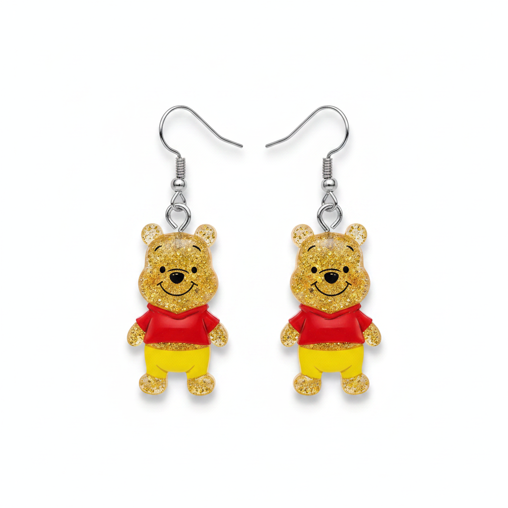 Winnie the Pooh Gold Glitter Dangle Earrings - white background dangle shot