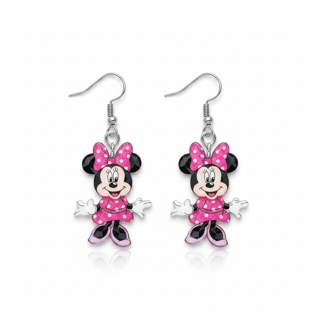 Minnie Mouse Pink Glitter Dangle Earrings on white background