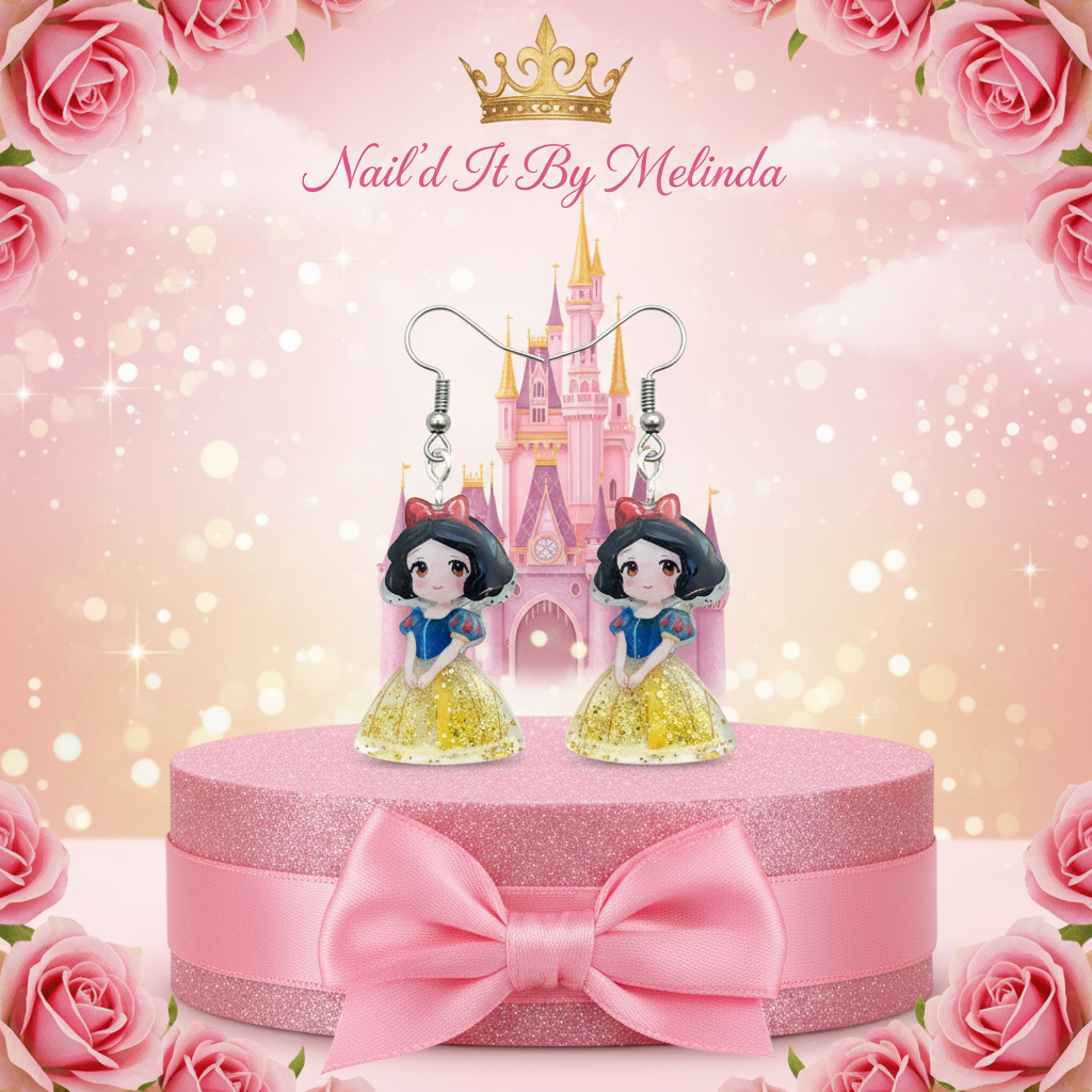 Snow White Gold Glitter Dangle Earrings - branded pink castle background