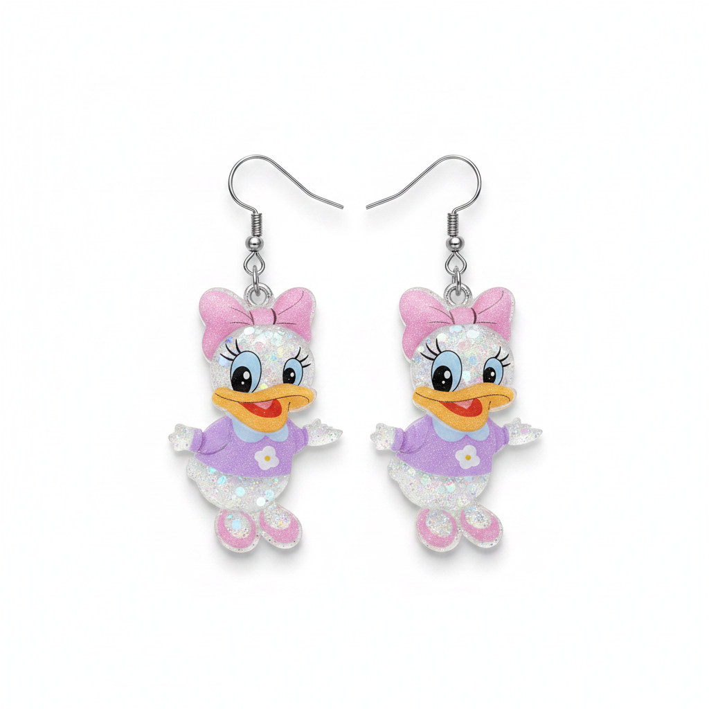 Daisy Duck Glitter Dangle Earrings - white background dangle shot