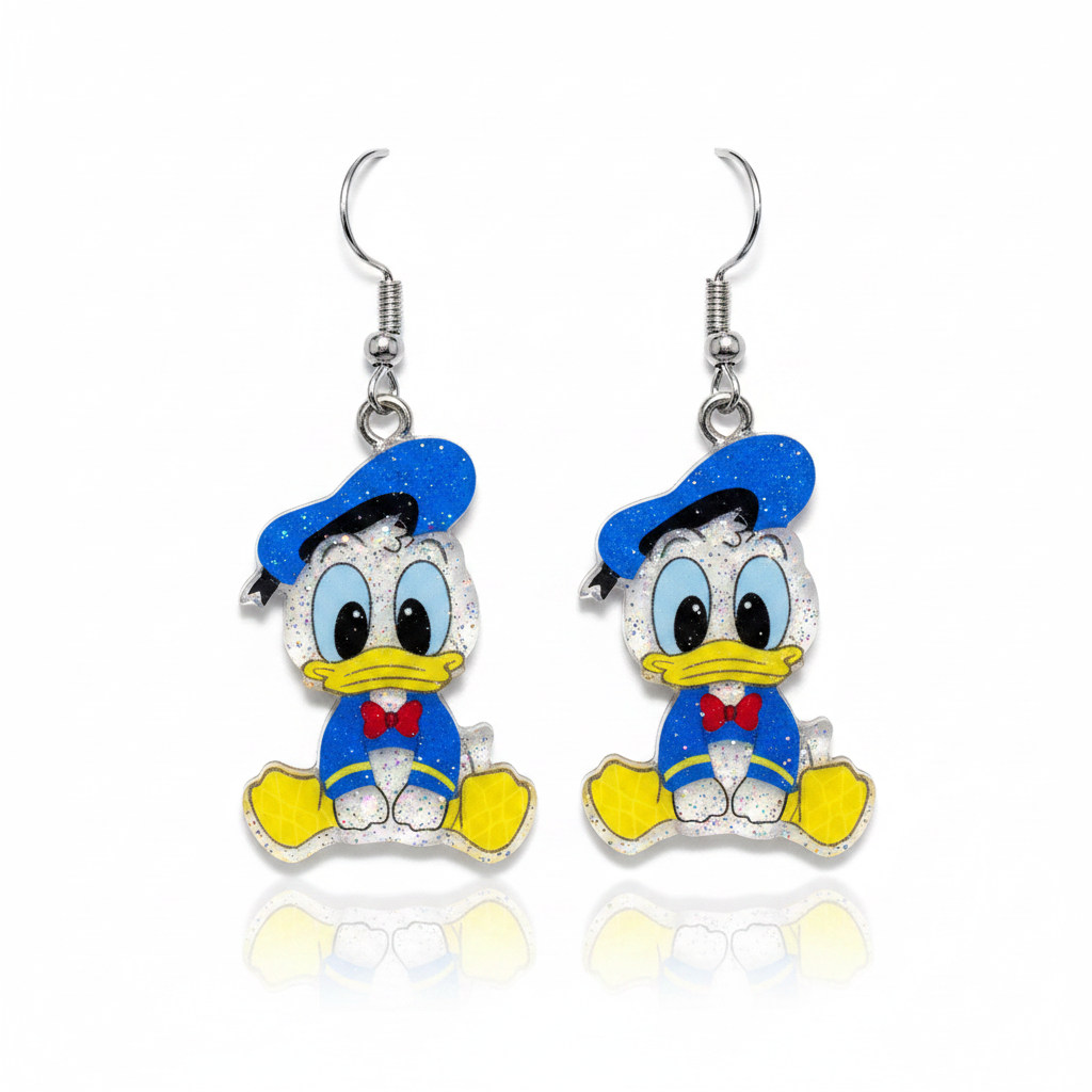 Donald Duck Glitter Dangle Earrings - white background dangle shot