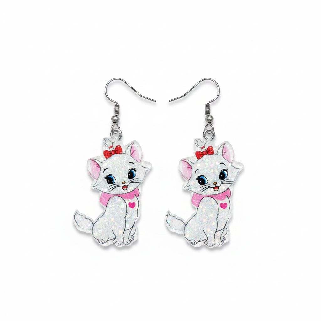 Marie the Aristocat Glitter Dangle Earrings - white background dangle shot