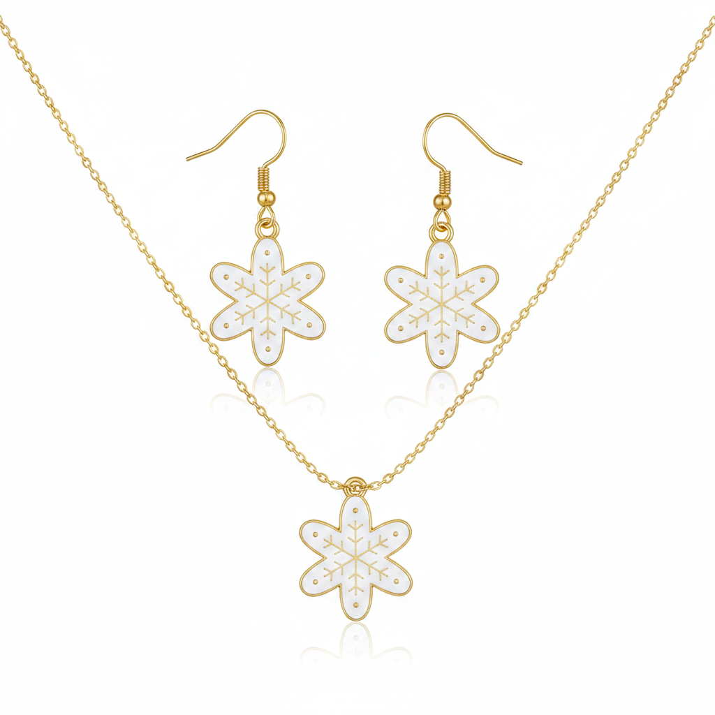 White Enamel Snowflake Flower Earring & Necklace Set – Pink with a Purpose