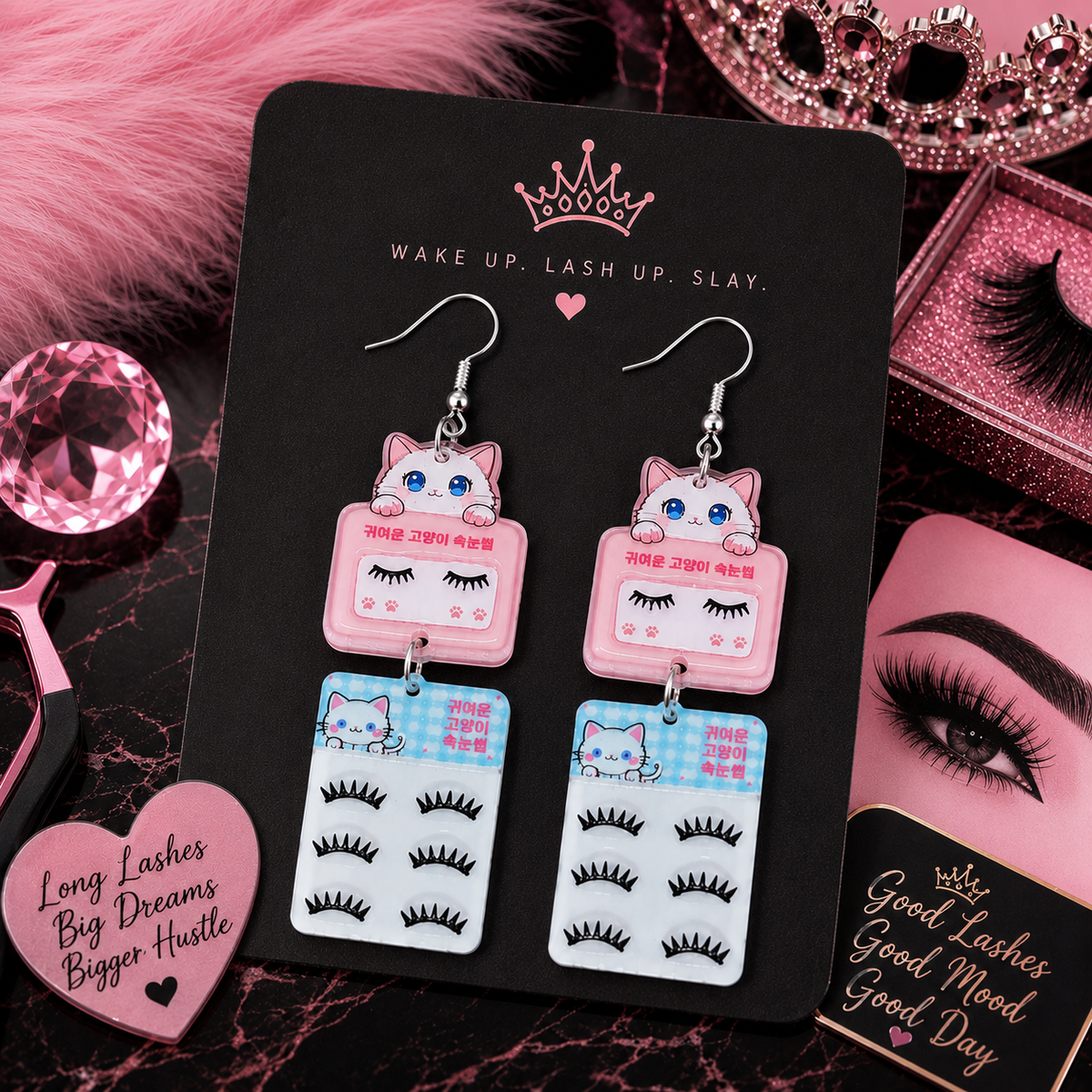 Kawaii Cat Lash Earrings - styled mockup on earring card