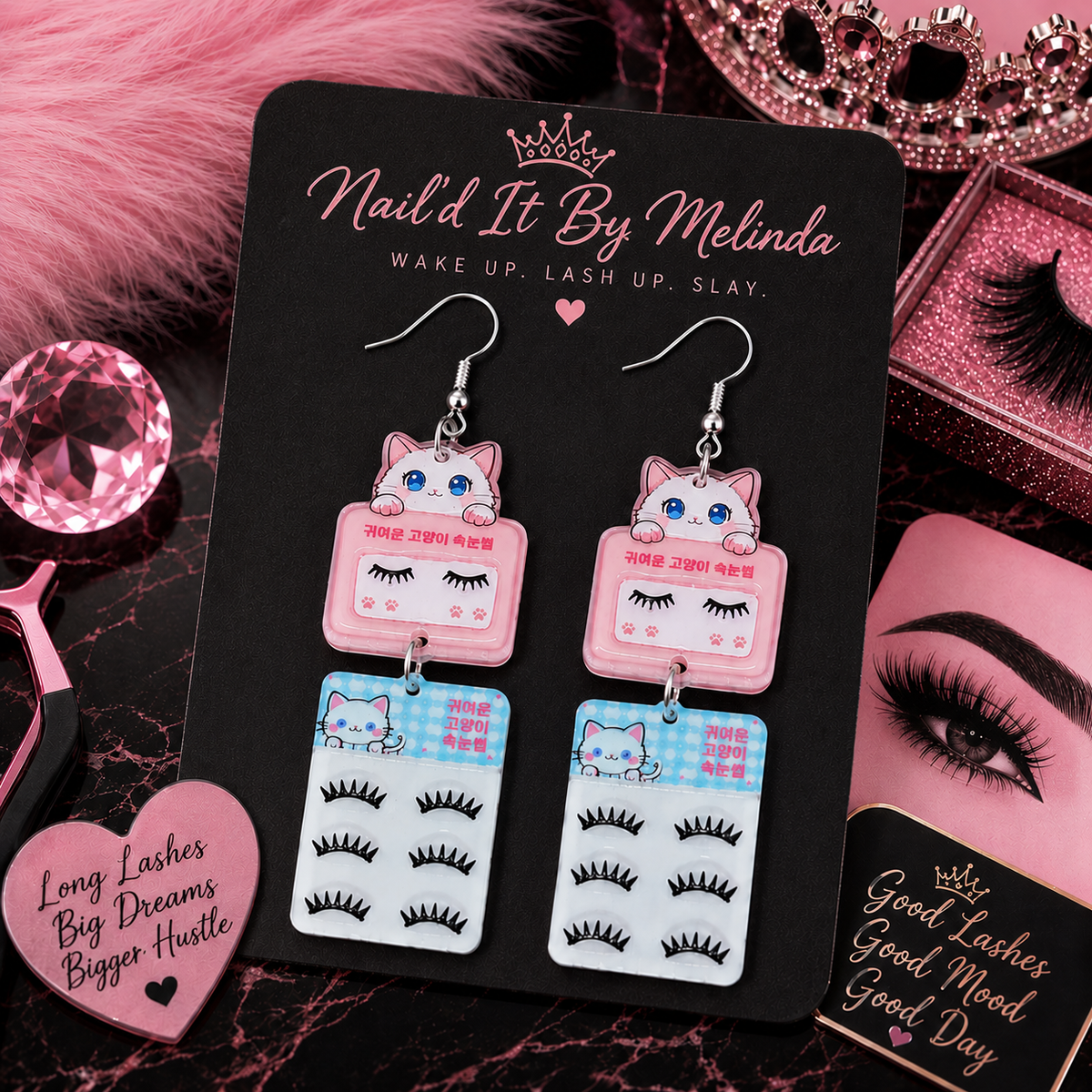 Kawaii Cat Lash Earrings - Nail'd It By Melinda branded card