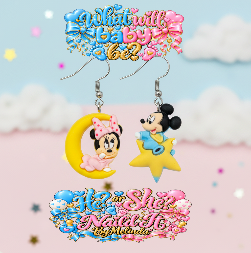 Baby Mickey and Minnie gender reveal earrings with He or She Nail'd It By Melinda branding