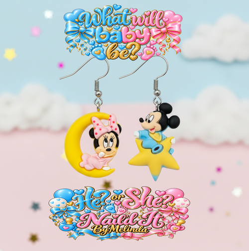 Baby Mickey and Minnie gender reveal earrings with He or She Nail'd It By Melinda branding