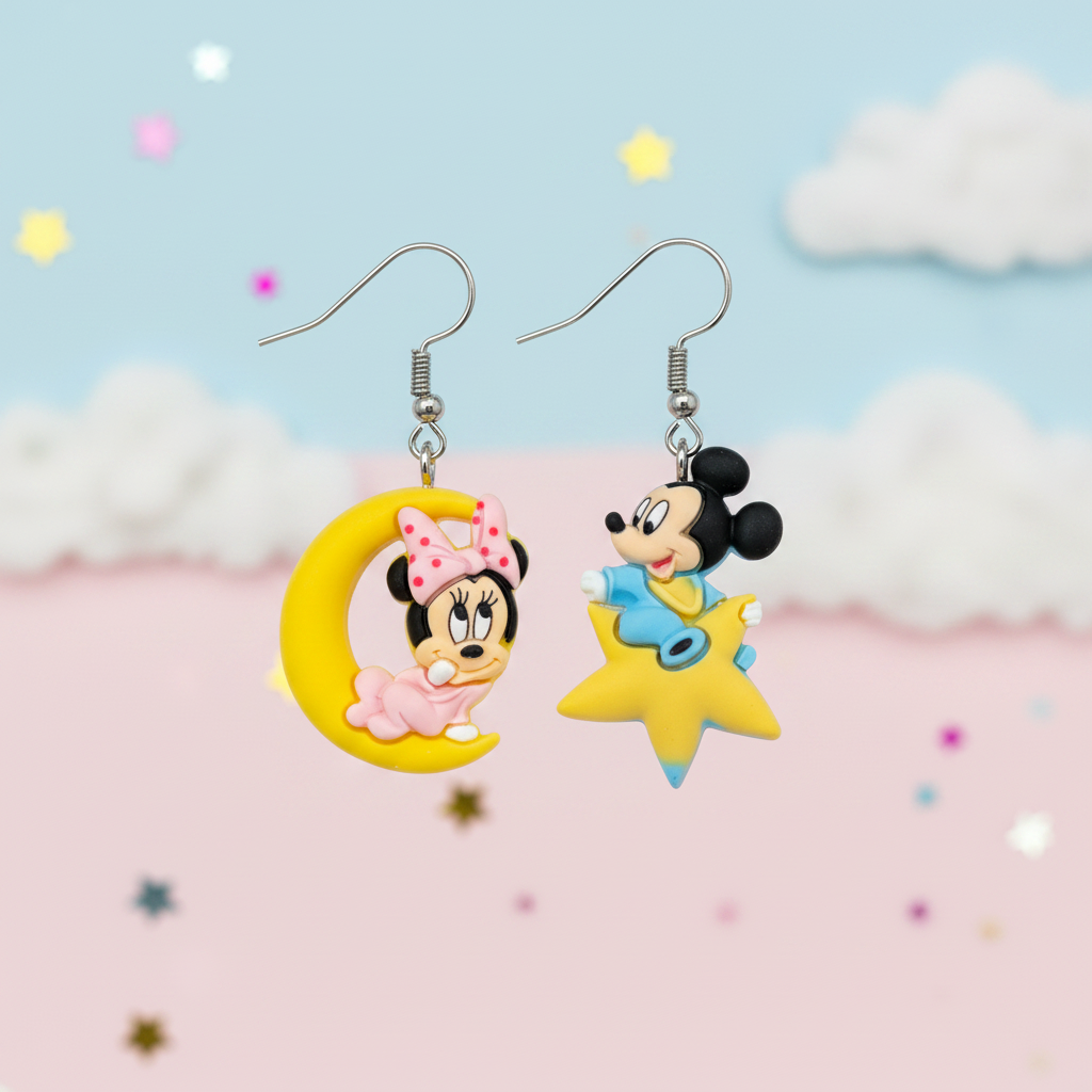 Baby Mickey and Minnie gender reveal earrings mockup with pastel baby shower background