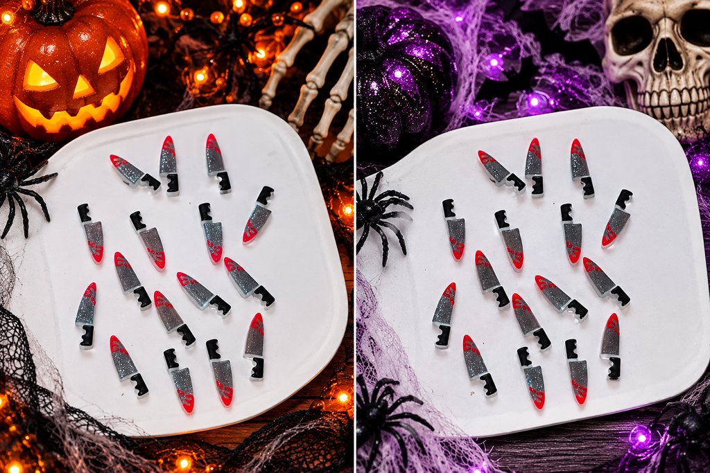 Killer Nails Halloween knife nail charms – spooky Halloween background flat lay