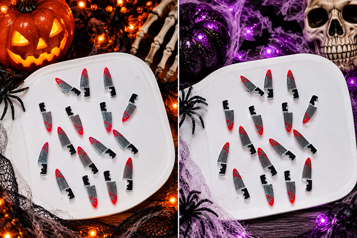 Killer Nails Halloween knife nail charms – spooky Halloween background flat lay