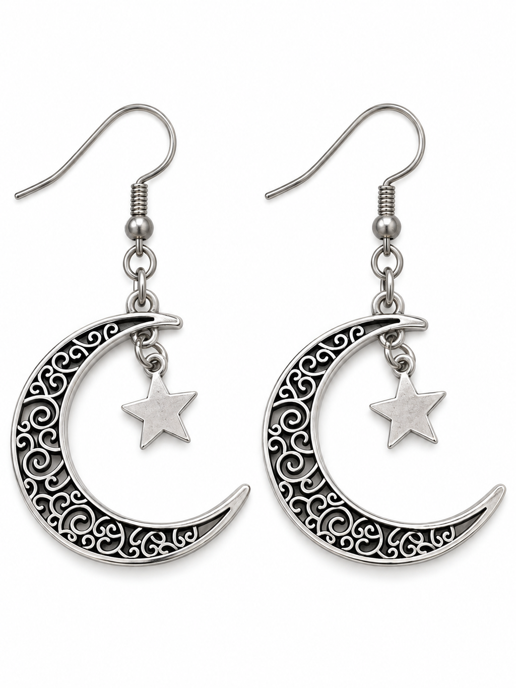 Silver-tone crescent moon earrings with black filigree swirls and dangling star charms