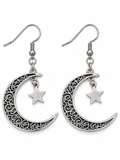 Silver-tone crescent moon earrings with black filigree swirls and dangling star charms