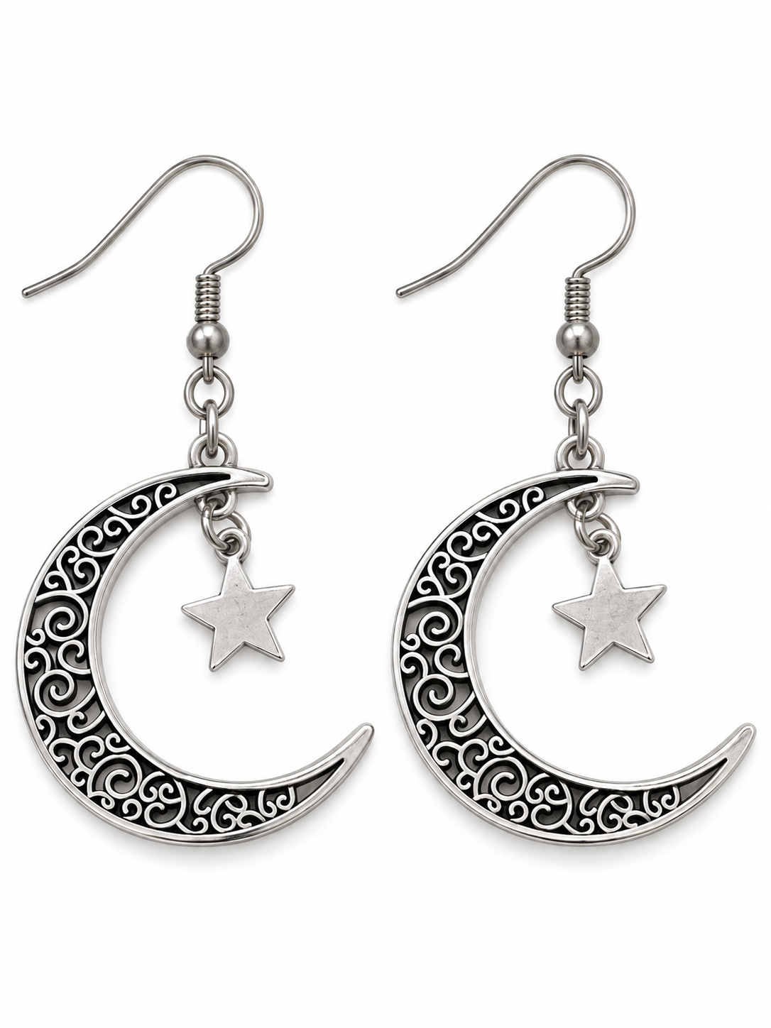 Silver-tone crescent moon earrings with black filigree swirls and dangling star charms