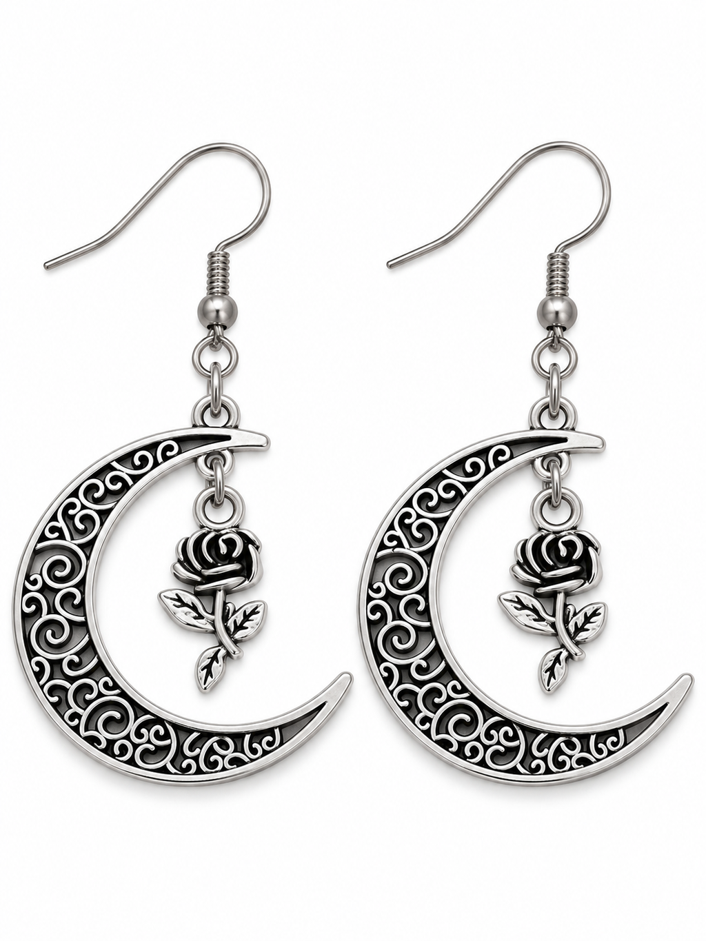 Brushed nickel crescent moon earrings with dark filigree swirls and dangling rose charms