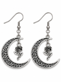 Brushed nickel crescent moon earrings with dark filigree swirls and dangling rose charms