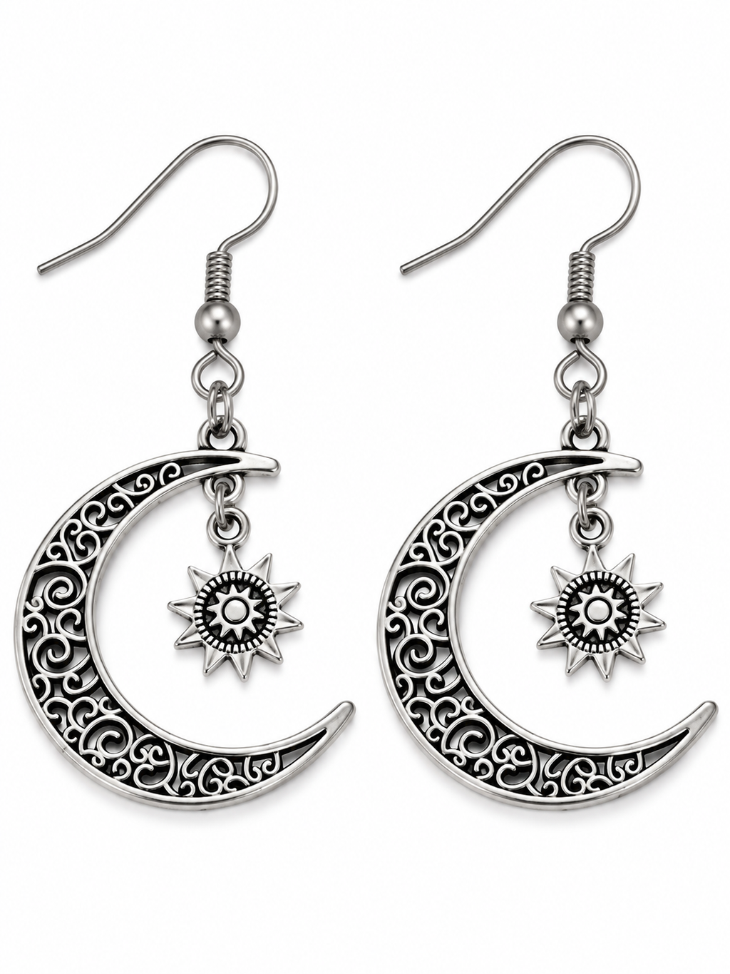 Brushed nickel crescent moon earrings with dark filigree swirls and dangling sun charms