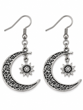 Brushed nickel crescent moon earrings with dark filigree swirls and dangling sun charms