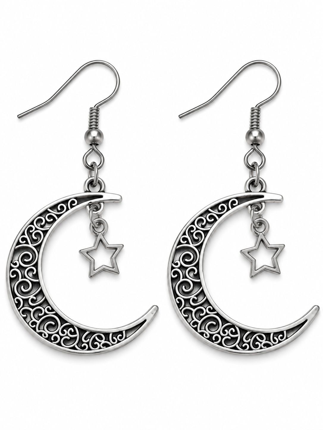 Brushed nickel crescent moon earrings with dark filigree swirls and dangling open star charms
