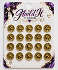 Goddess Coin Nail Charms – 20pc set on Nail'd It By Melinda branded card showing gold embossed goddess coins