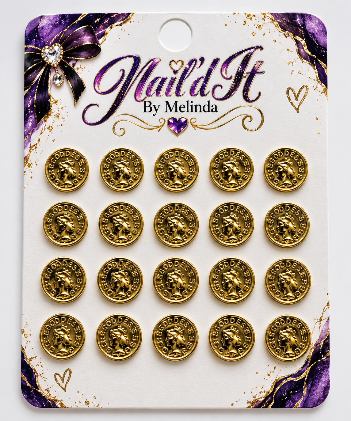 Goddess Coin Nail Charms – 20pc set on Nail'd It By Melinda branded card showing gold embossed goddess coins