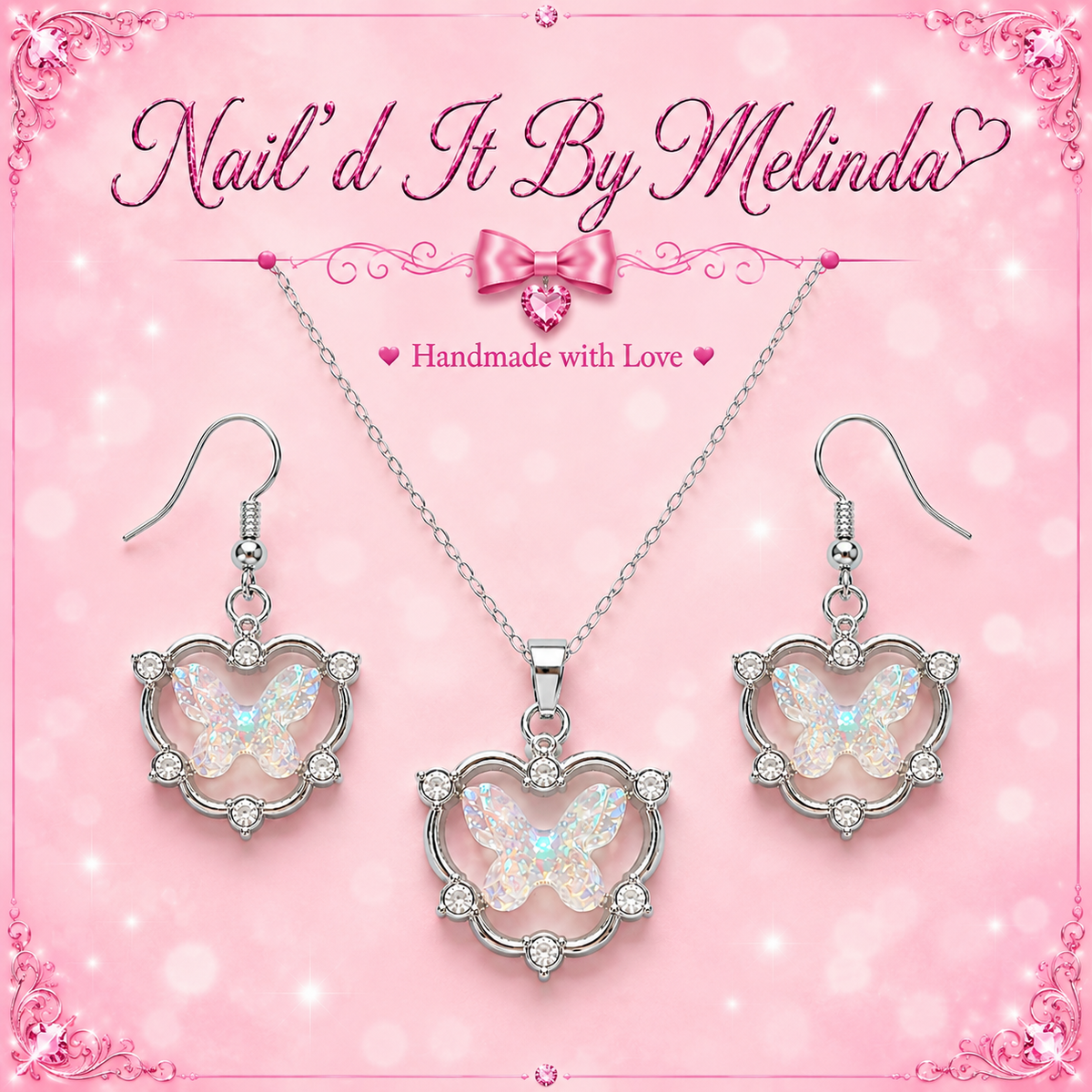 Iridescent Aurora Butterfly Heart Frame Earring & Necklace Set – Pink with a Purpose