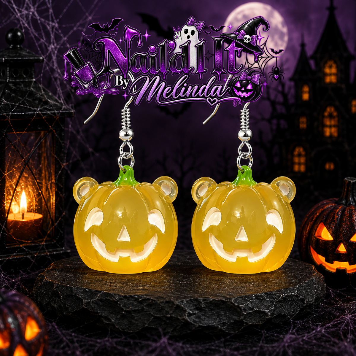 Spooky Pumpkin Dangle Earrings - Yellow with logo