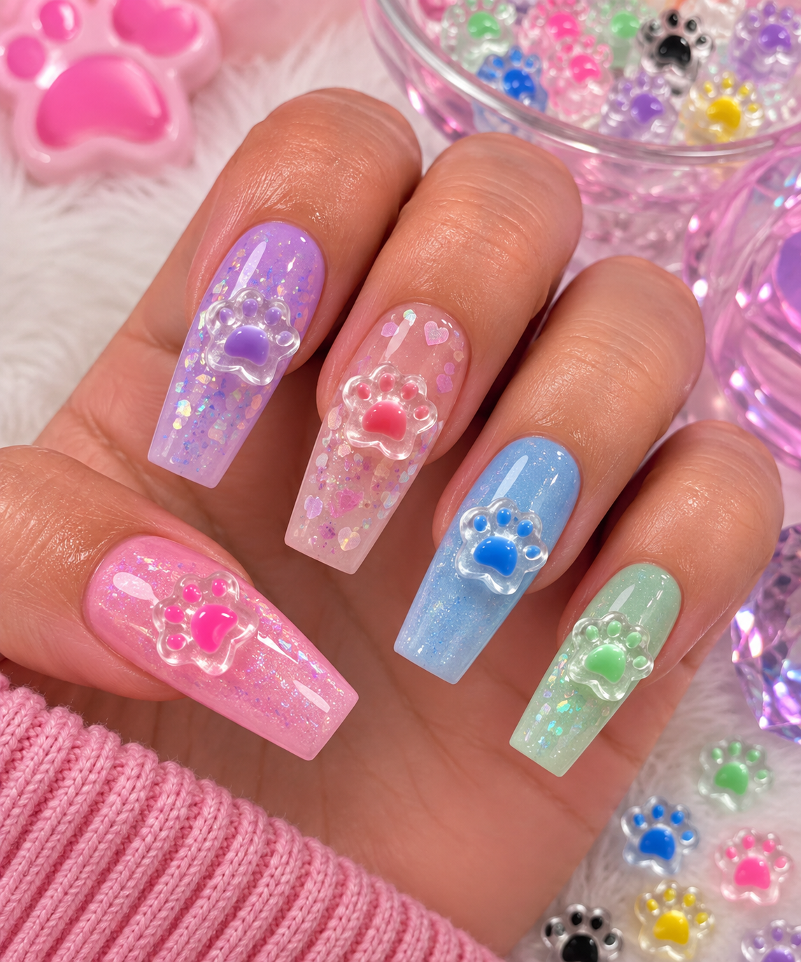 Paws & Pretty Jelly Nail Charms styled on nails – pink, purple, blue and green paw print charms on coffin nails