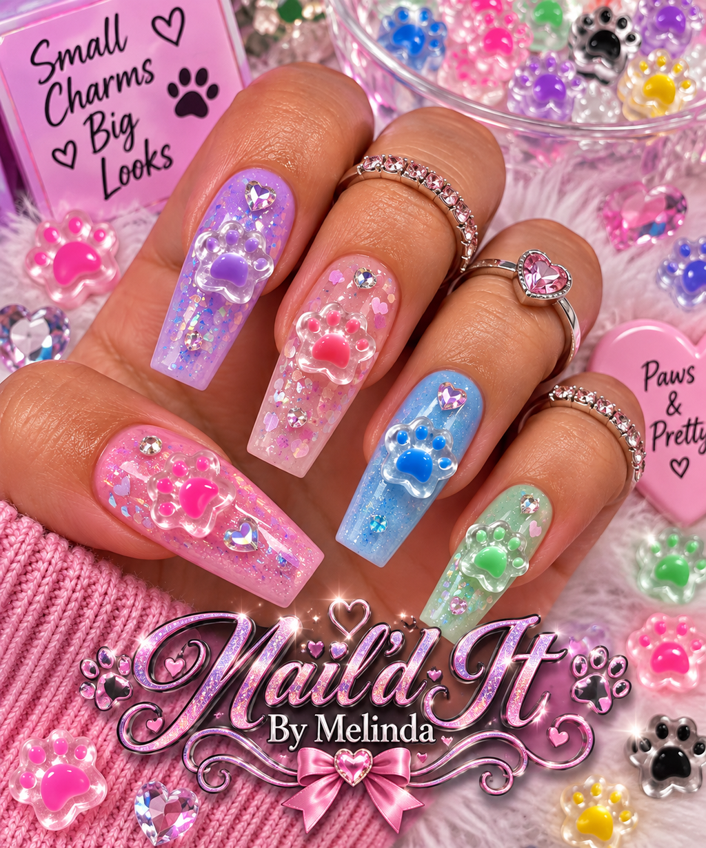 Paws & Pretty Jelly Nail Charms lifestyle shot – Paws & Pretty nail art with branded Nail'd It By Melinda signage