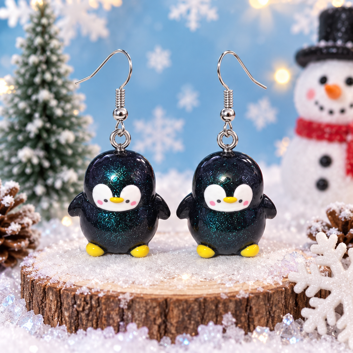 Galaxy Glitter Penguin Dangle Earrings by Nail'd It By Melinda - snowman background