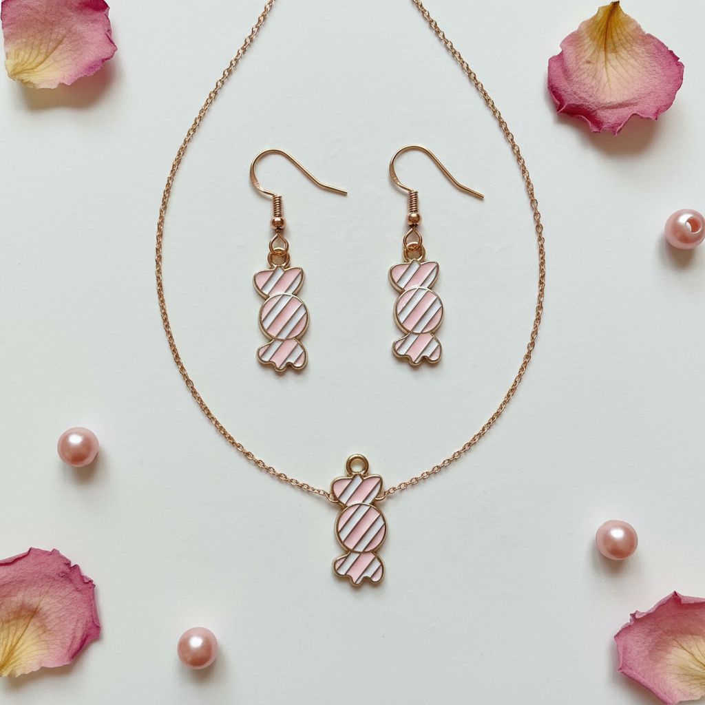 Pink Candy Charm Earring & Necklace Set with Rose Gold Hardware