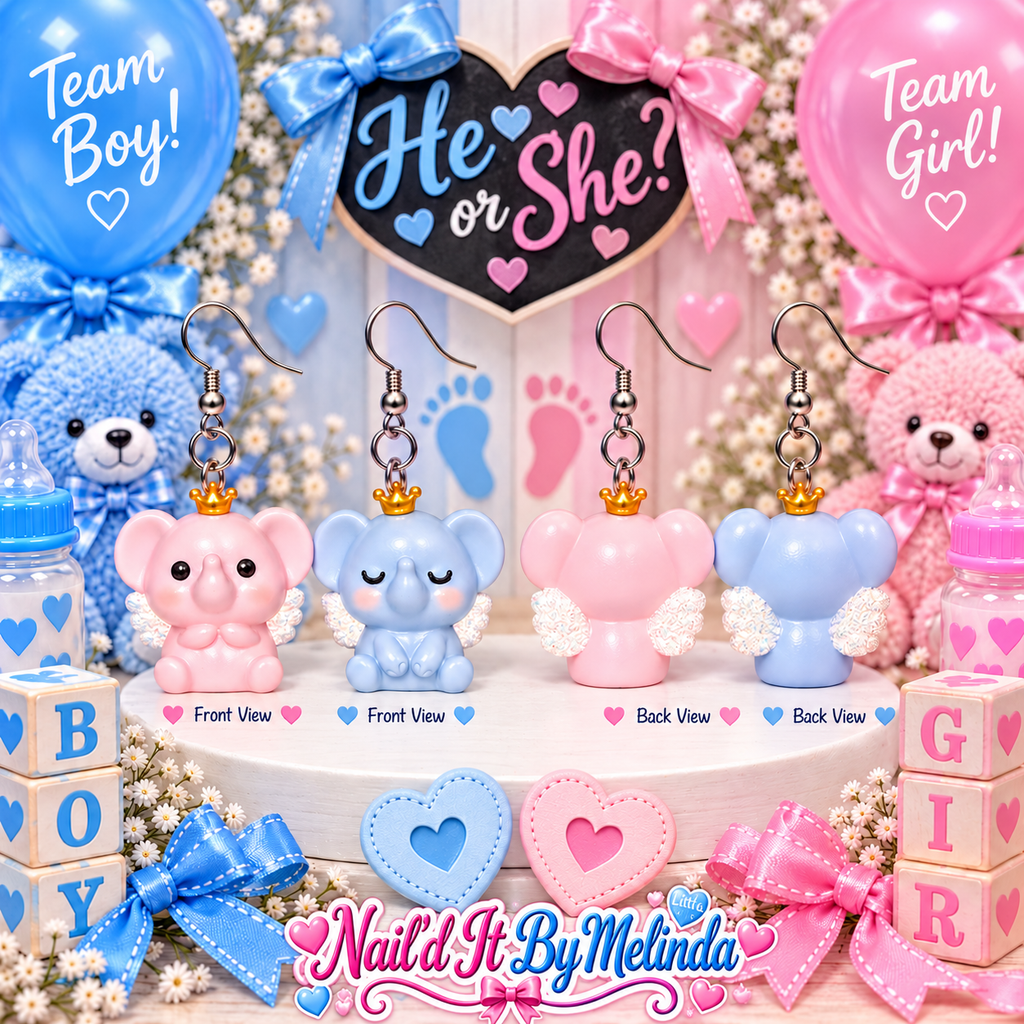He or She? mismatched angel elephant earrings – Nail'd It By Melinda logo mockup