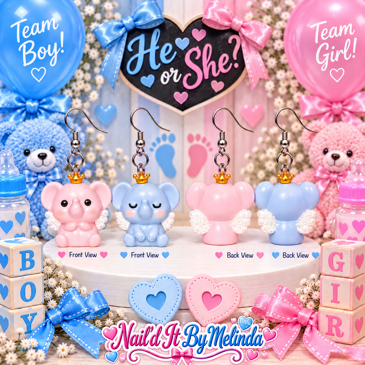 He or She? mismatched angel elephant earrings – Nail'd It By Melinda logo mockup