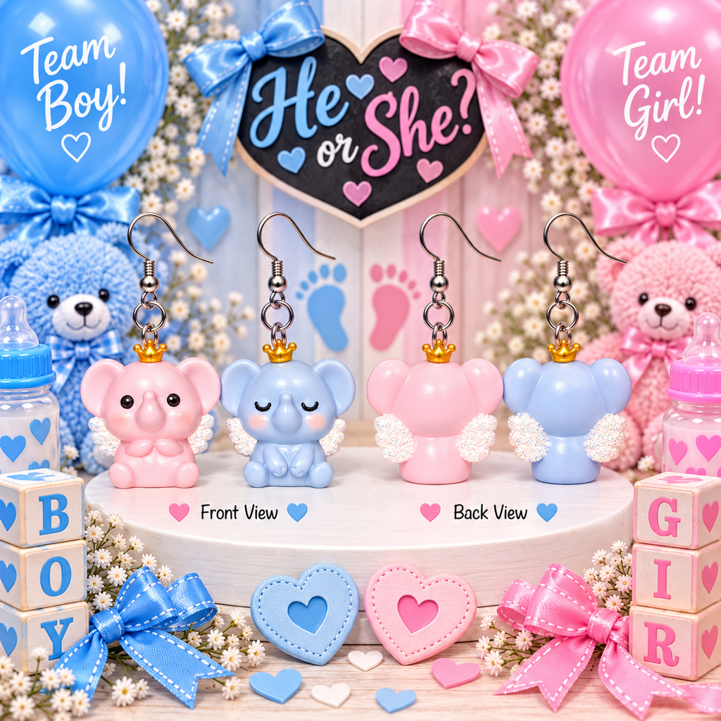 He or She? pink & blue mismatched angel elephant earrings – gender reveal party mockup