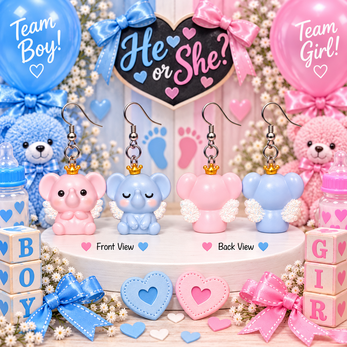 He or She? pink & blue mismatched angel elephant earrings – gender reveal party mockup