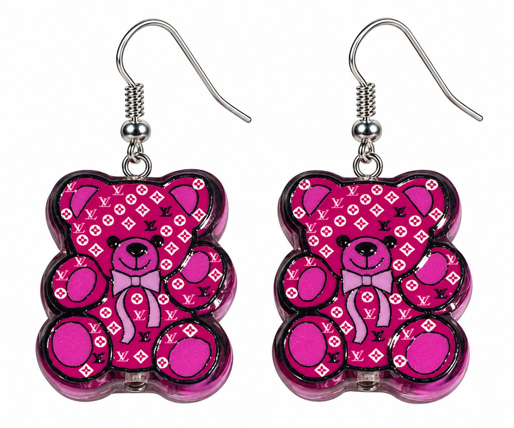 Pink teddy bear designer-inspired dangle earrings – product close-up on white background