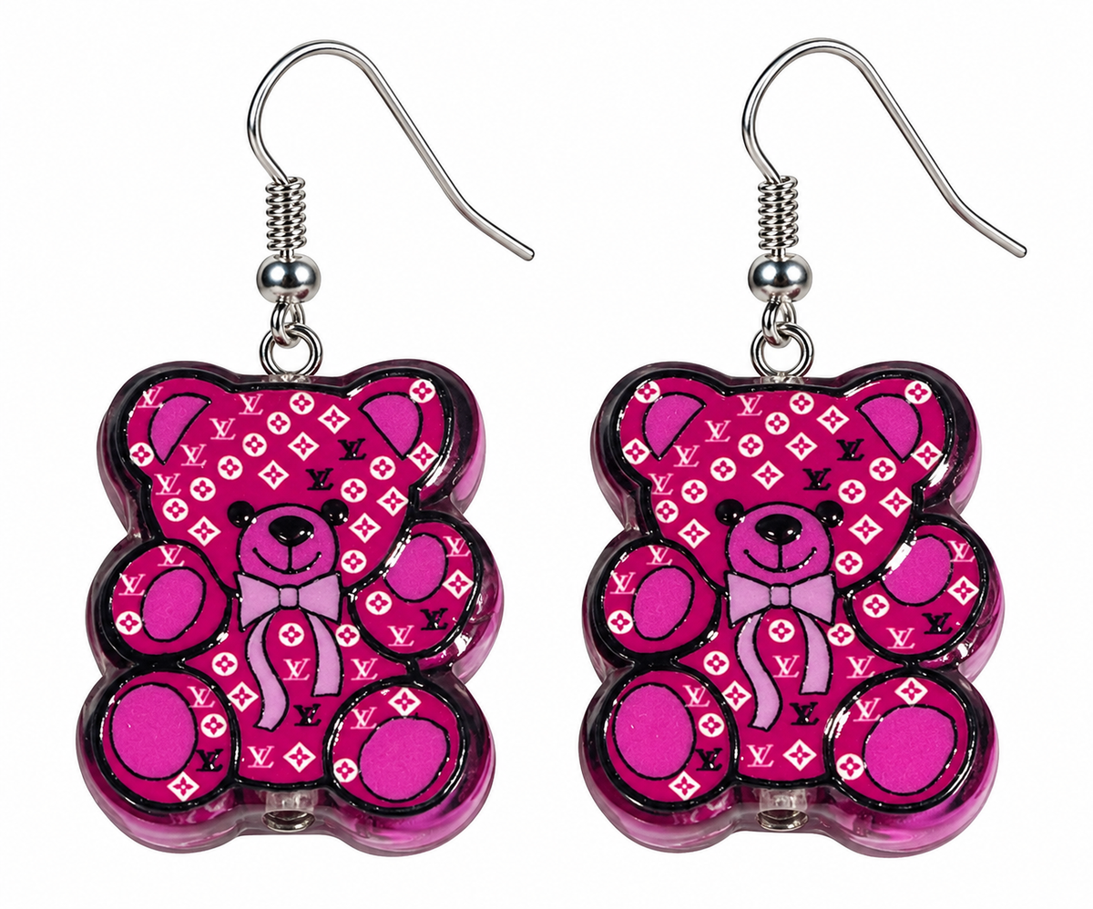 Pink teddy bear designer-inspired dangle earrings – product close-up on white background