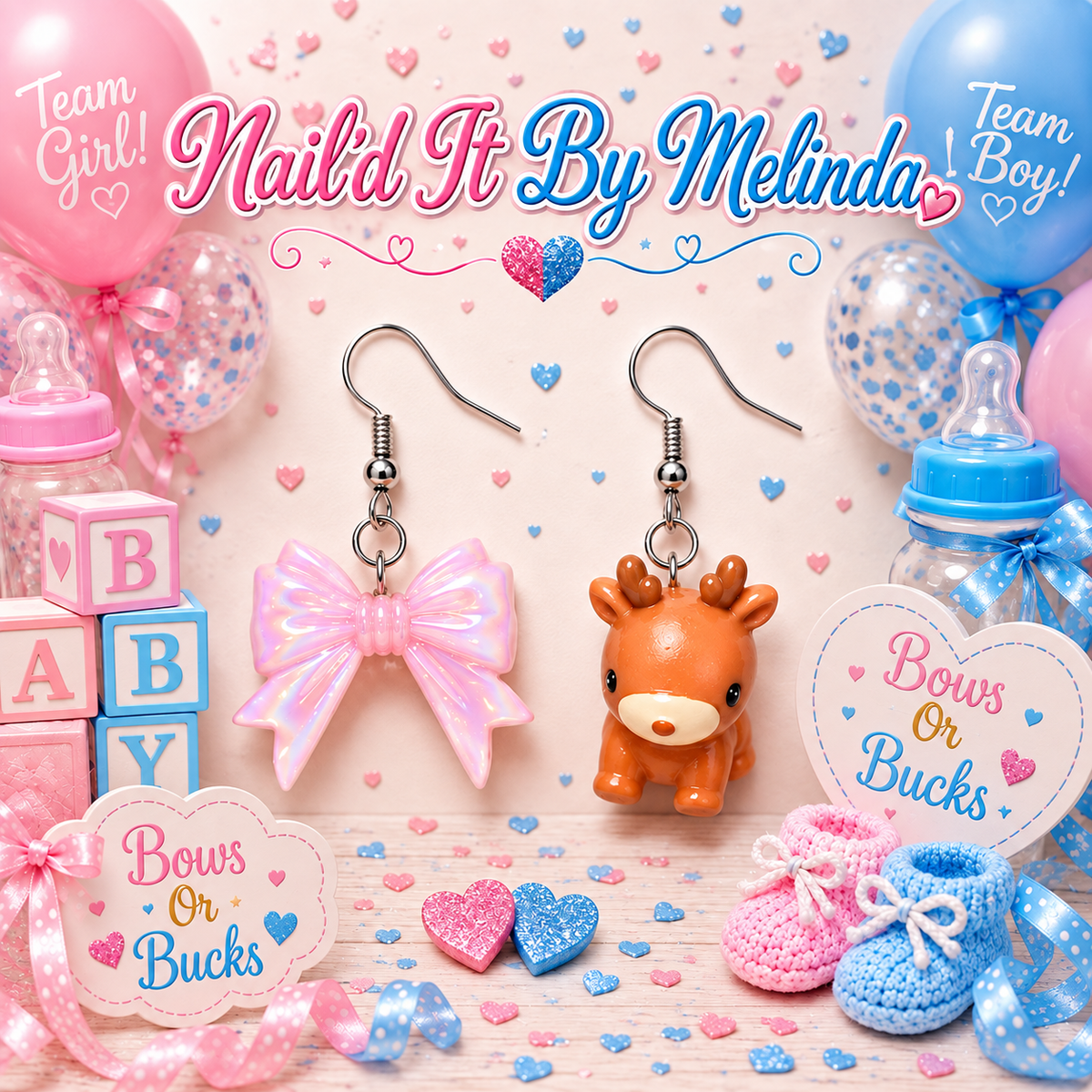 Bows Or Bucks pink bow deer earrings – Nail'd It By Melinda logo