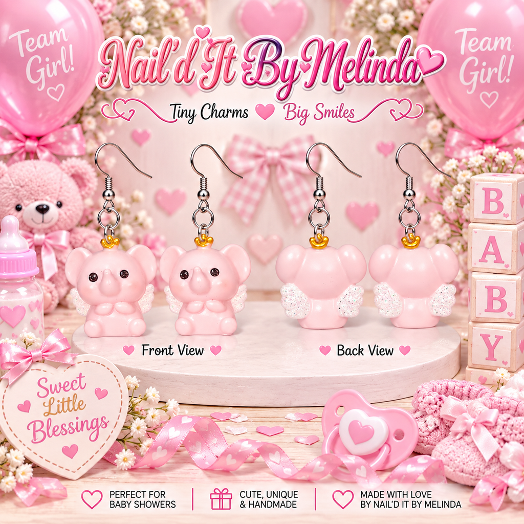Sweet Little Blessing baby girl angel elephant earrings – Nail'd It By Melinda logo mockup