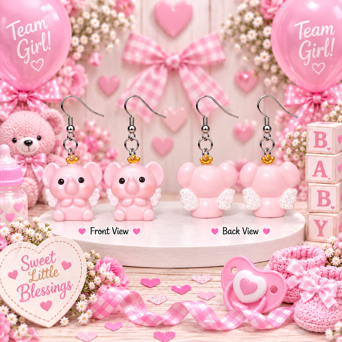 Sweet Little Blessing baby girl pink angel elephant earrings – Team Girl baby shower mockup