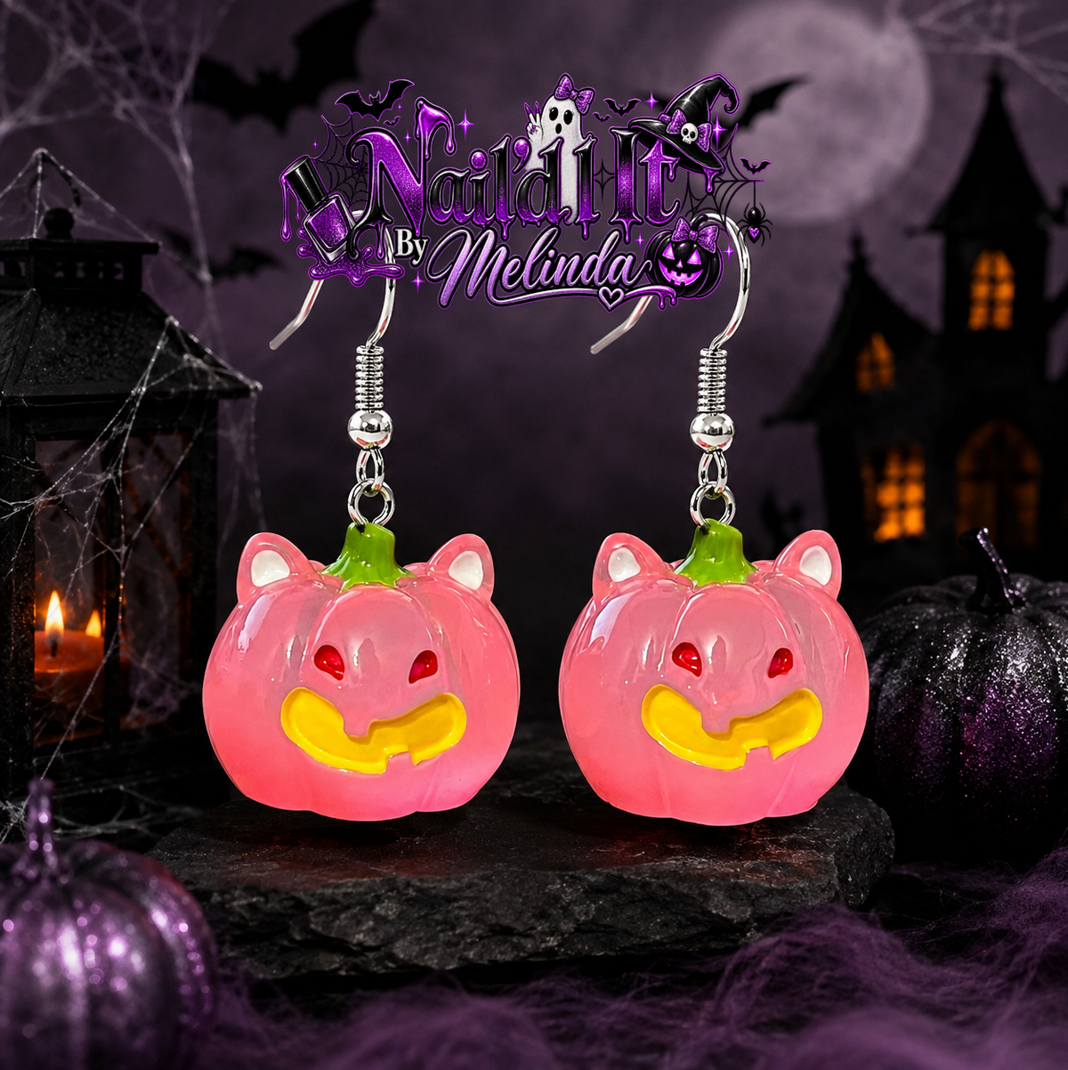 Spooky Pumpkin Dangle Earrings - Pink with logo