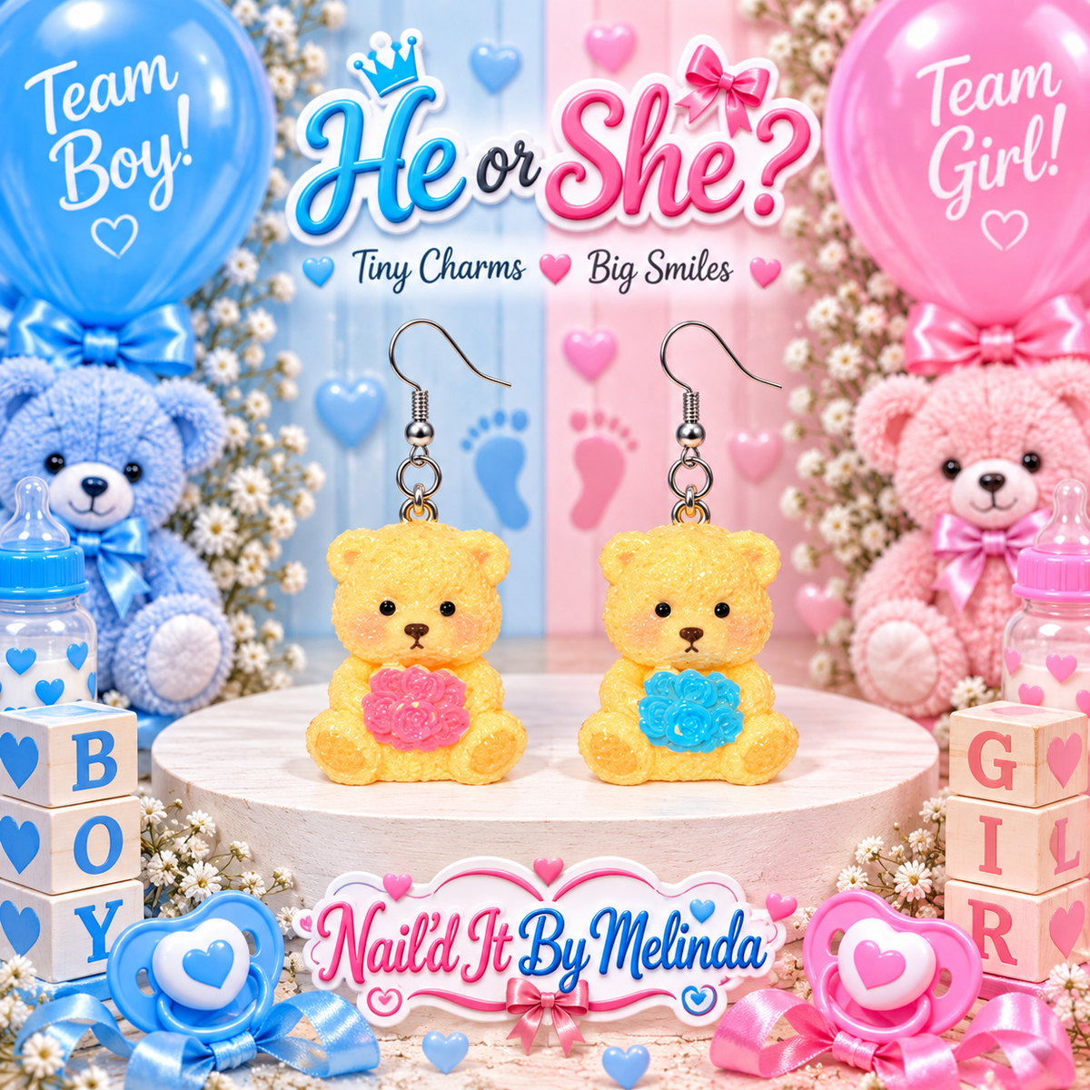 Bouquets & Bears mismatched teddy bear earrings – Nail'd It By Melinda logo mockup